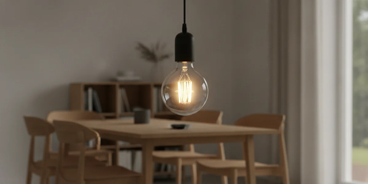 LED-filamentlampa i svart pendel över ett matbord, tänd med ojämnt, flimrande ljus