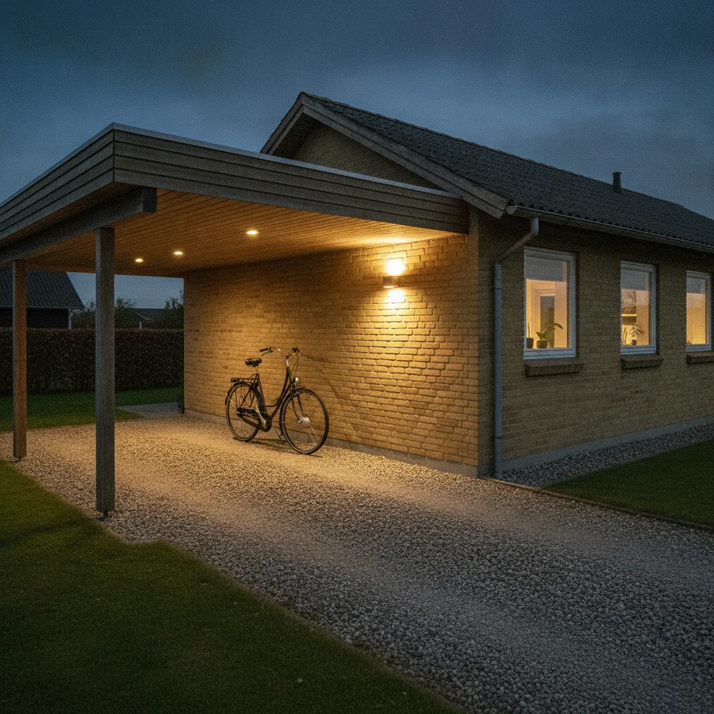 Carport i skymningen: en tänd vägglampa kastar varmt ljus ner längs en gul tegelvägg, en cykel står på gruset under taket och husets fönster lyser bakom