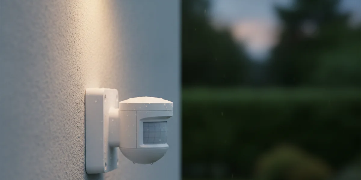 Vit rörelsesensor med fasetterad lins och regndroppar, monterad på en ljusgrå putsad husvägg och upplyst ovanifrån i skymningen, grön trädgård ur fokus i bakgrunden