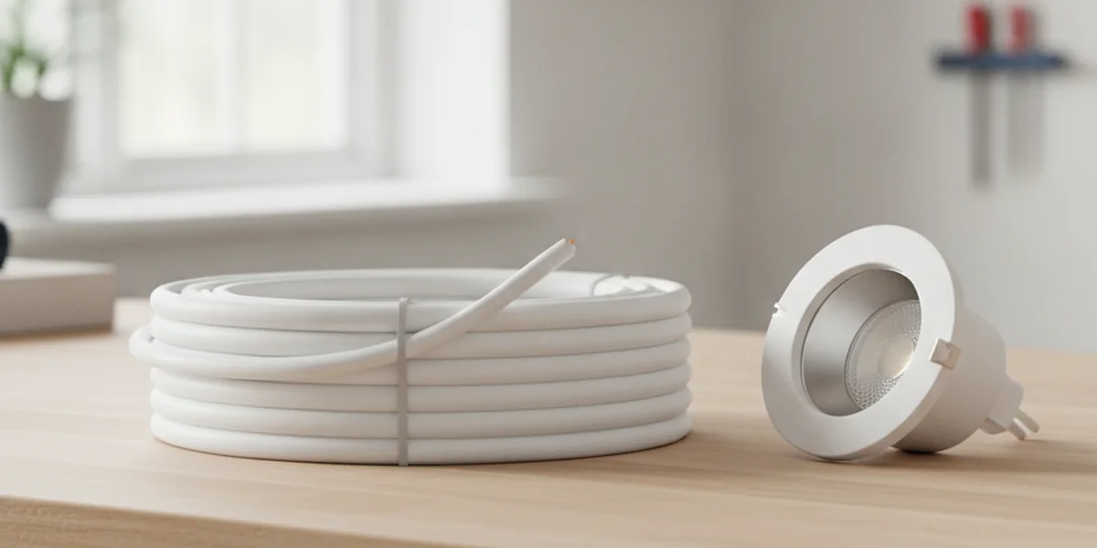 Rulle med vit rund kabel som hålls ihop av ett buntband på en ljus bänkskiva i trä bredvid en rund vit inbyggnadsspot som ligger snett på bordet, med ett ljust fönster i bakgrunden