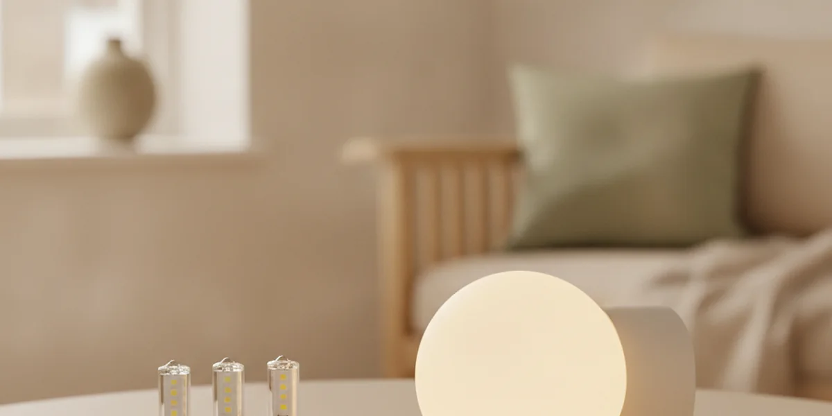 En liten grupp G9 LED-lampor &mdash; både slanka runda och platta modeller &mdash; bredvid en liten tänd bordslampa i ett mysigt vardagsrum, som visar den lilla stiftsockeln med två stift