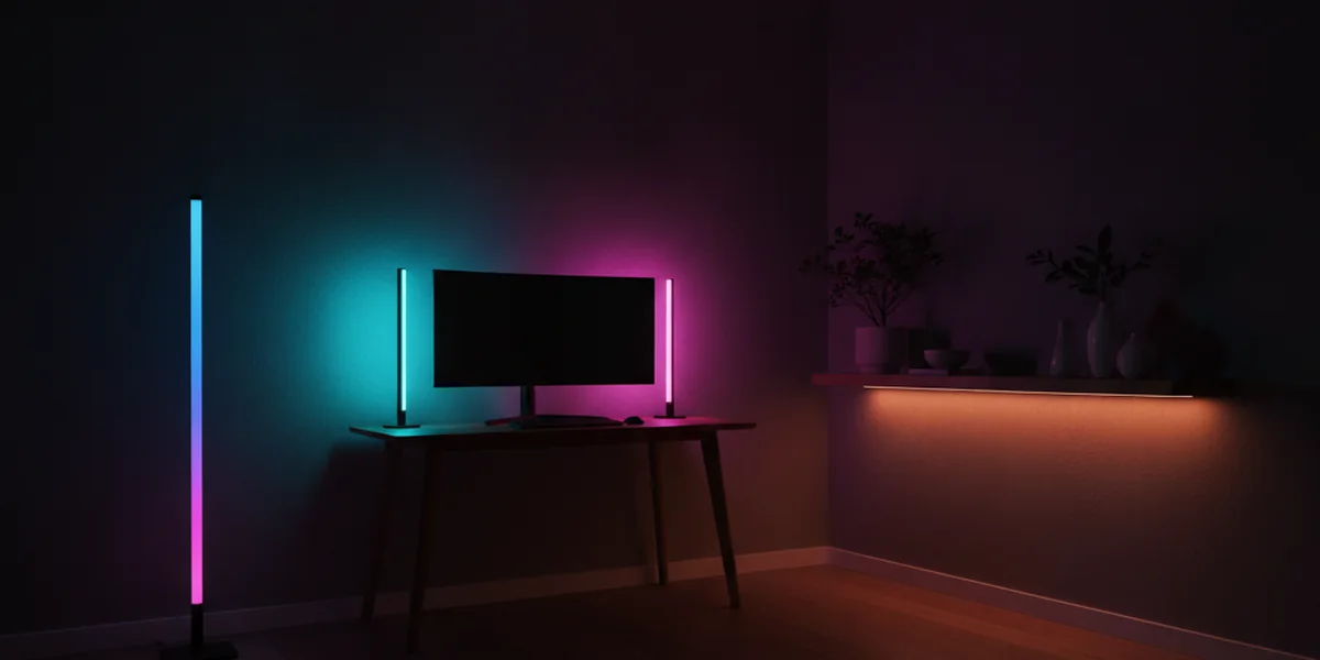 Mörkt hörn i vardagsrummet på kvällen med färgat stämningsljus: en golvlampa i lila och blått, två ljusbarer vid en skärm i cyan och magenta och en LED-list i varmt ljus under en ekhylla