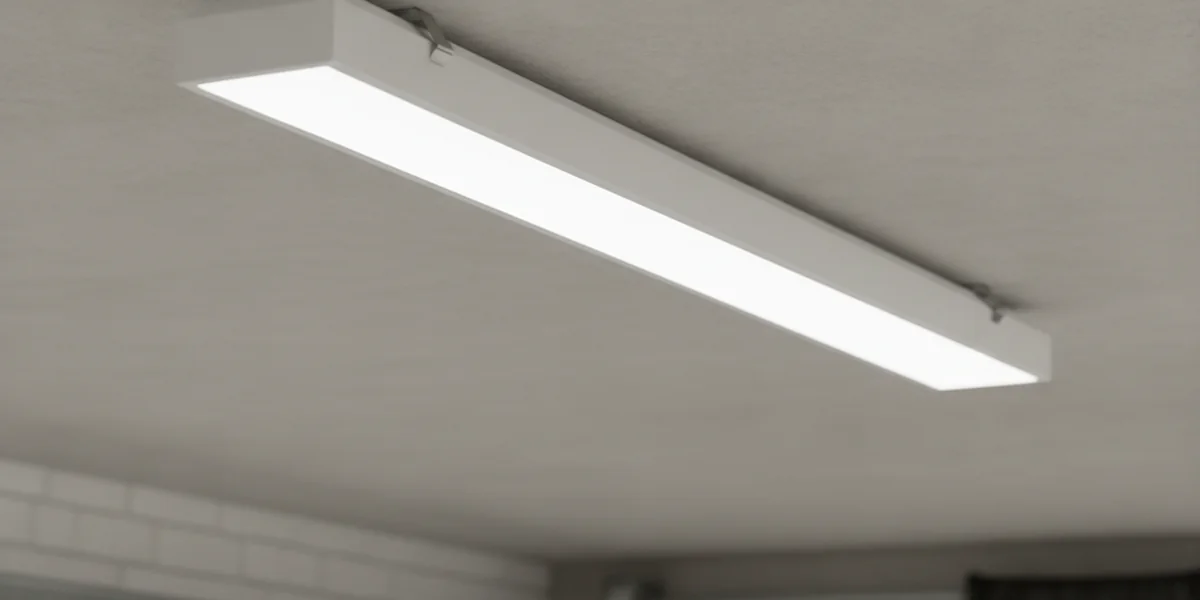 Vit avlång LED-armatur monterad i ett grått betongtak i ett garage, tänd med neutralvitt ljus