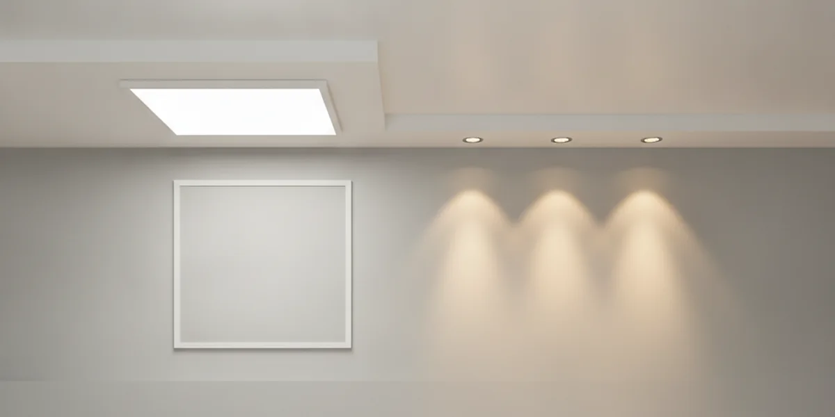 LED-panel och inbyggnadsspotar med ljuskäglor sida vid sida &mdash; ytljus mot punktljus