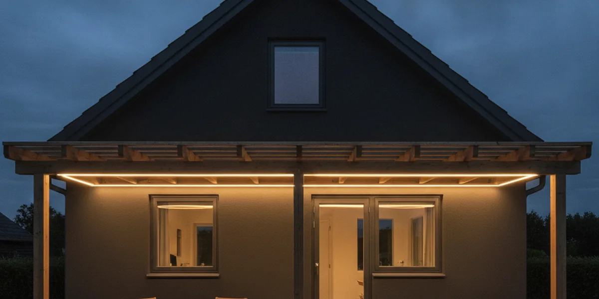 Varmvit, obruten COB-ljuslinje under kanten av en träpergola över en altan vid en mörk villa i skymningen