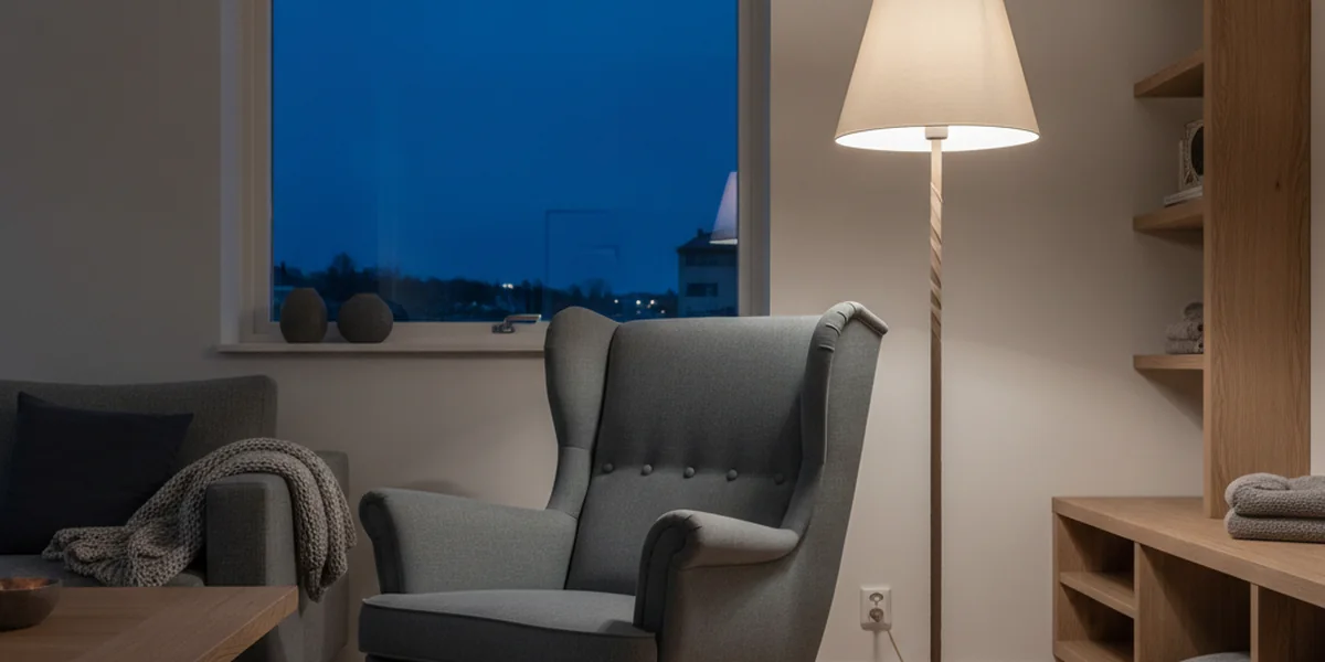 Golvlampa dimrad till varmt kvällsljus vid en läsfåtölj i ett vardagsrum