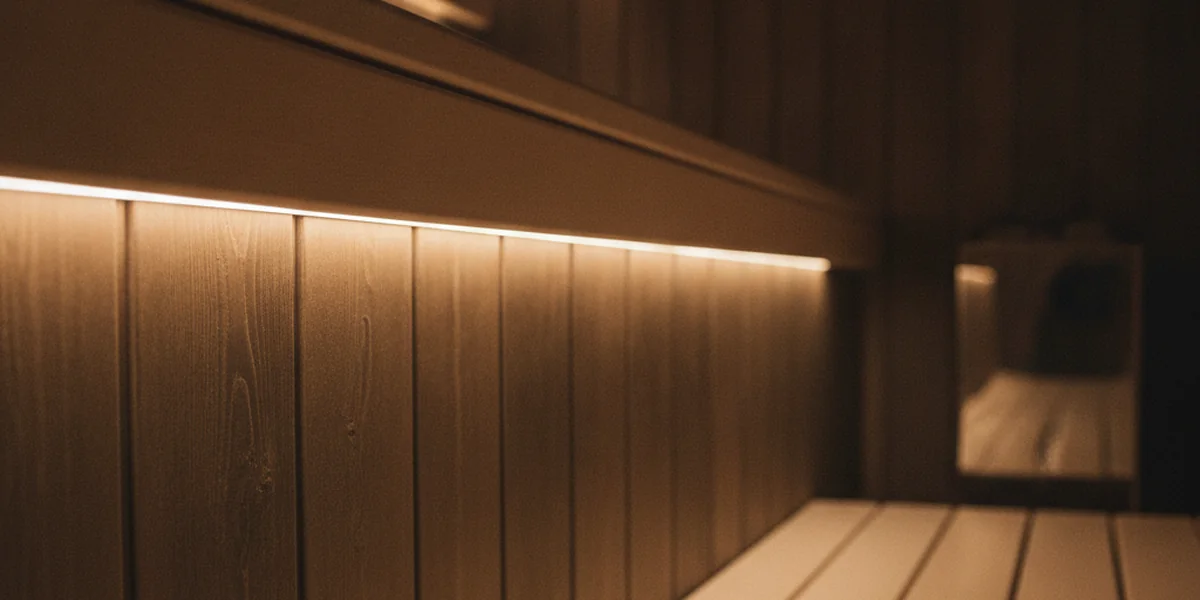 Varmt vitt ljus från en LED-list under kanten av en träbänk i en mörk bastu