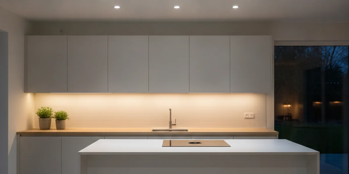 Modernt kök på kvällen med två ljuszoner: neutralvita downlights i taket och en varmvit LED-list under överskåpen