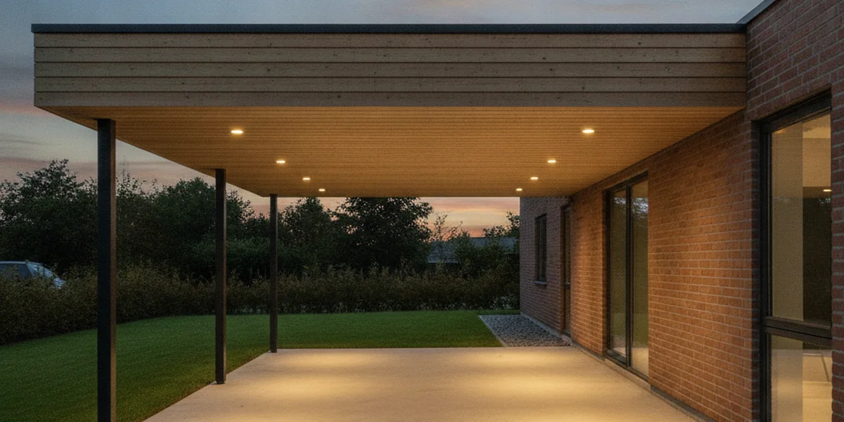 Carport vid ett tegelhus i skymningen med små runda inbyggnadsspotar i trätaket, som lyser varmt ner på ett betonggolv