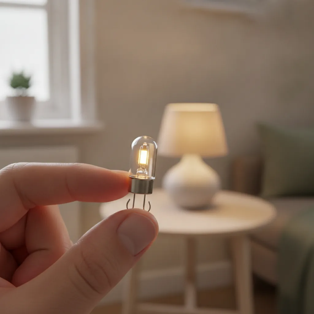 Närbild av en liten G9 LED-lampa som hålls mellan två fingrar, där man tydligt ser de två tunna stiften, framför en liten tänd bordslampa i ett mysigt vardagsrum