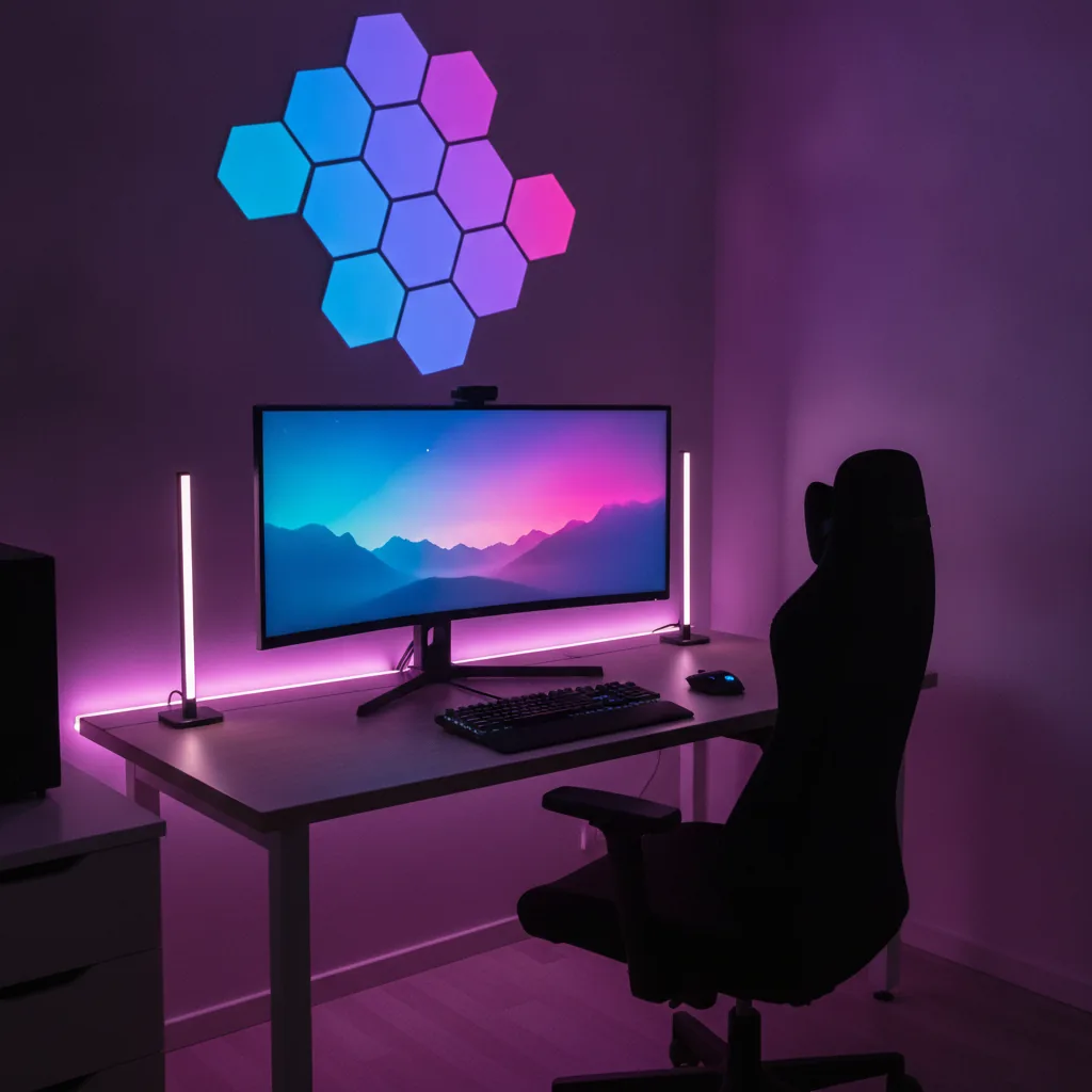 Skrivbord med böjd skärm i ett mörkt rum, två stående ljusbarer bredvid skärmen, en lysande linje längs bordets bakkant och en grupp sexkantiga ljuspaneler i blått, lila och rosa på väggen ovanför skärmen