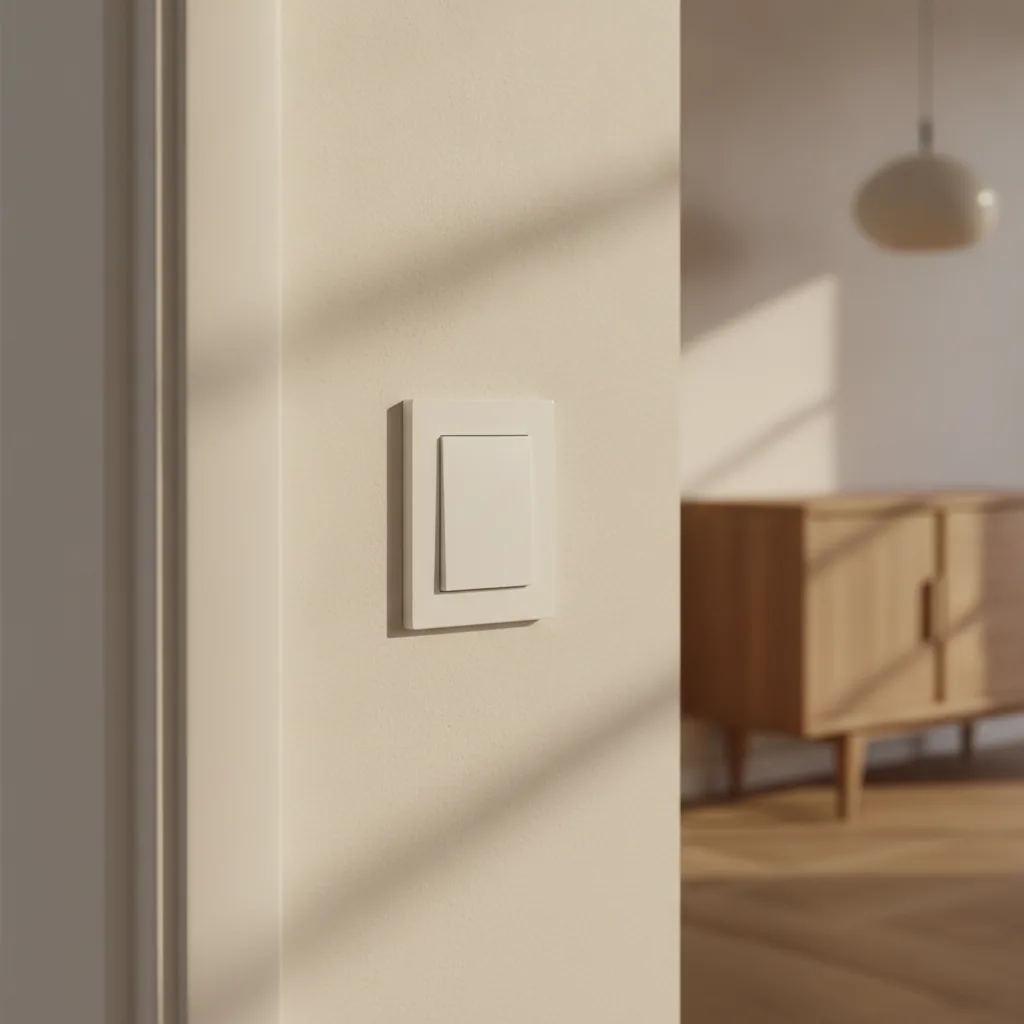 Vit strömbrytare med en stor knapp i en enkel vit ram på en varm, ljus vägg i en hall med träskänk och pendellampa i bakgrunden