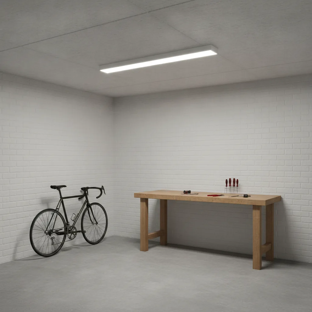 Vit avlång LED-armatur monterad plant mot ett grått betongtak i ett garage med vita tegelväggar, en arbetsbänk i trä med verktyg och en cykel mot väggen