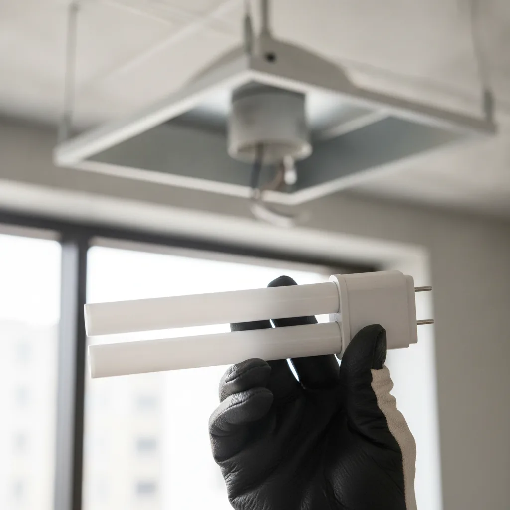 En hand i svart arbetshandske håller en vit PL-lampa med två parallella rör och två korta metallstift i sockeln; i bakgrunden hänger en öppnad takarmatur