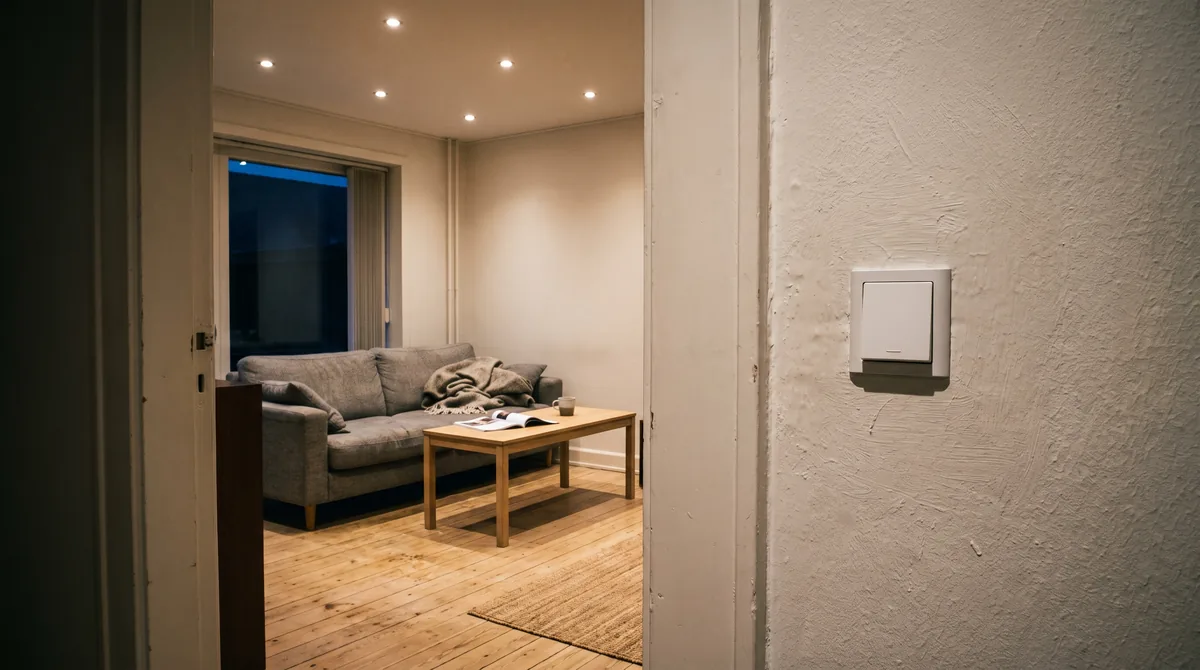 Vardagsrum på kvällen sett från dörröppningen med en vit strömbrytare i förgrunden och en rad dimrade inbyggnadsspotar i taket