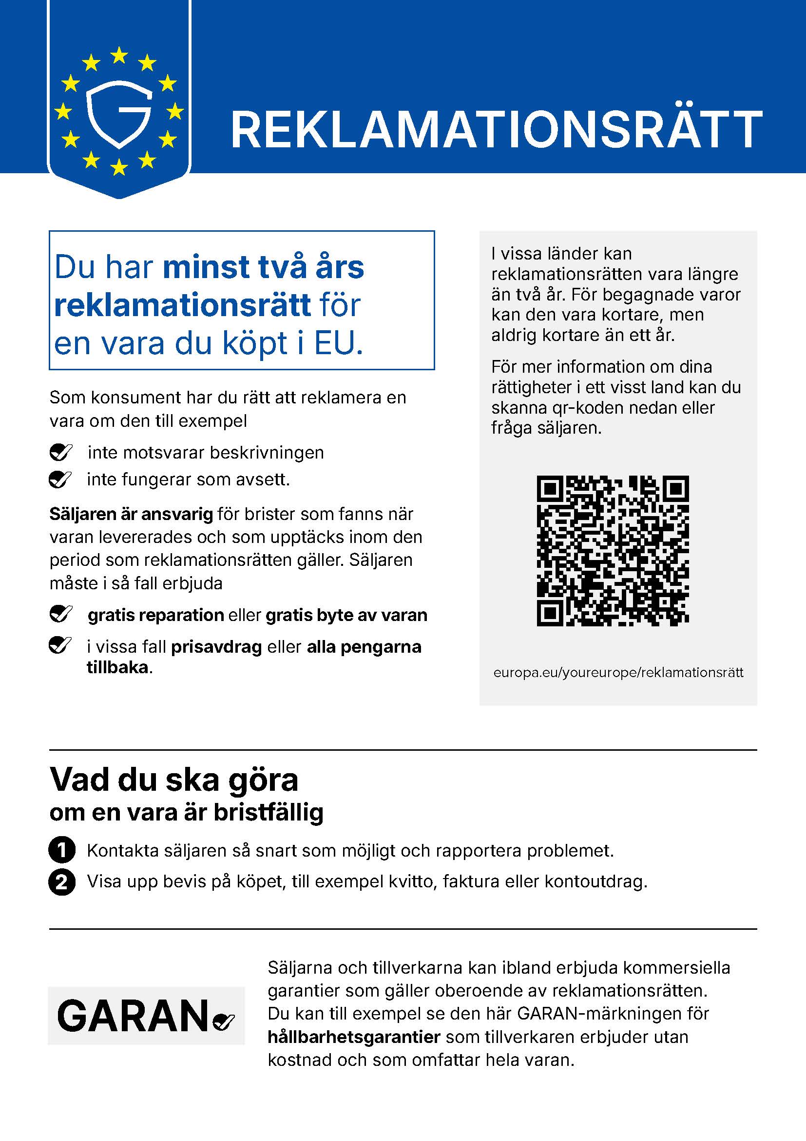 EU:s harmoniserade meddelande om den lagstadgade garantin – minst 2 års lagstadgad garanti för varor som säljs i Europeiska unionen