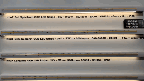 HiluX Dim-To-Warm COB-LED-list dimmas från 3000 K ner mot 1800 K bredvid Full Spectrum och LongLine